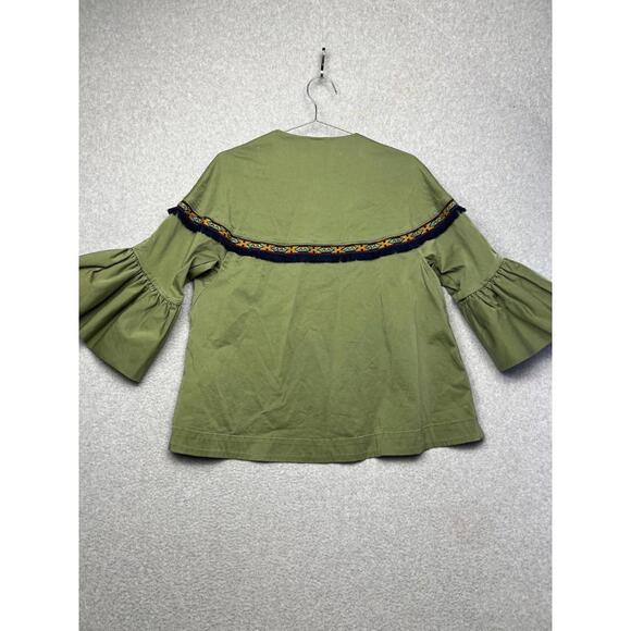 Zara Aztec Embroidered Crop Bell Sleeve Jacket Womens M Boho Green Indie Hippie - Picture 2 of 9